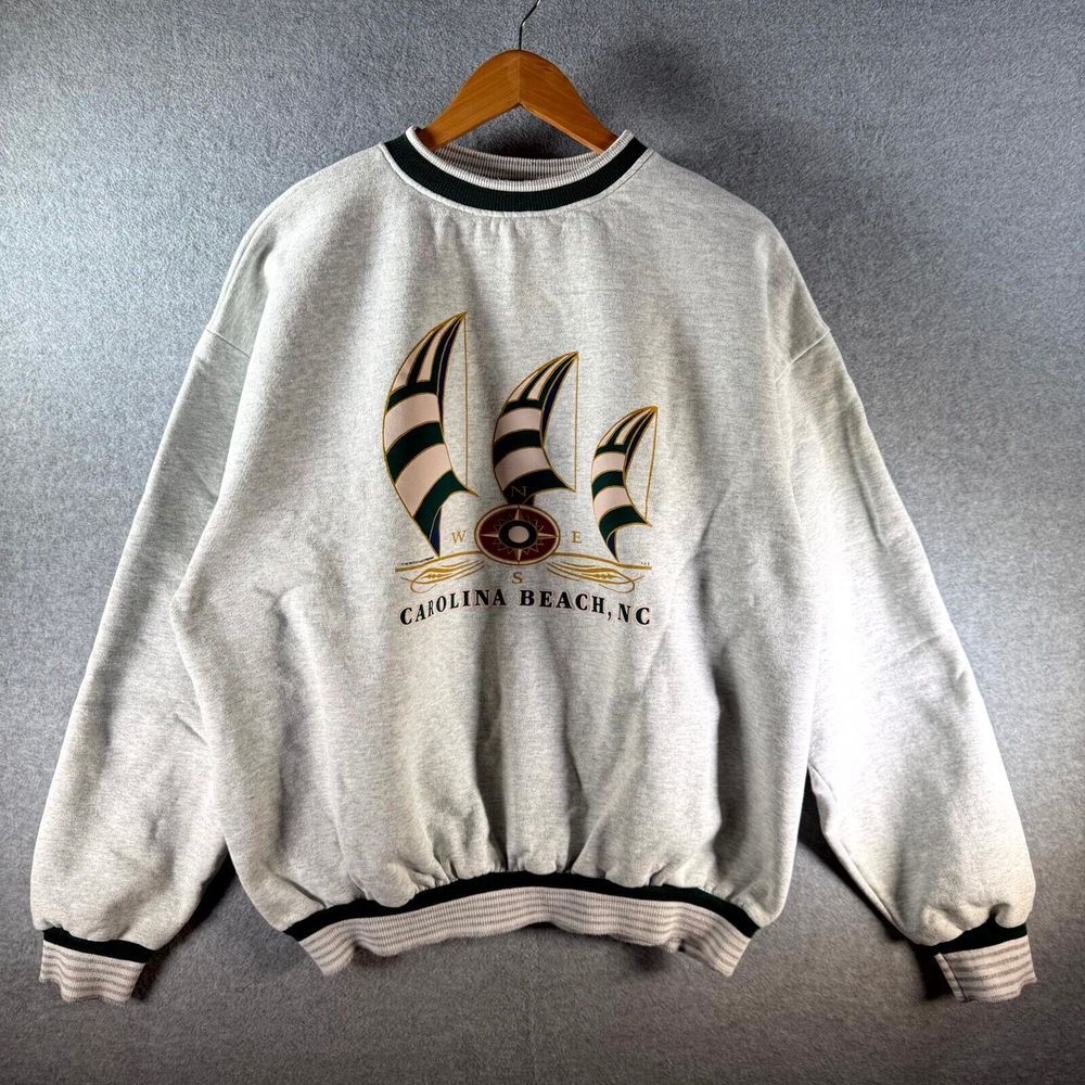 Vintage ESY Built to Last Sweatshirt Mens L/XL Gray Carolina Beach, NC Crew Neck